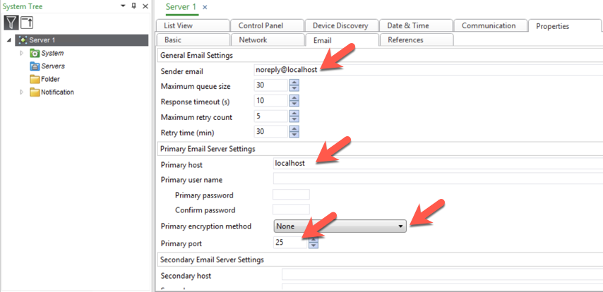 Screenshot of Ecostruxure SMTP setup