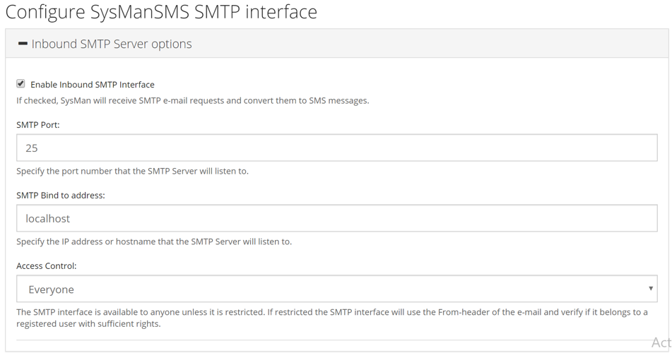 Screenshot of SysMan SMTP setup