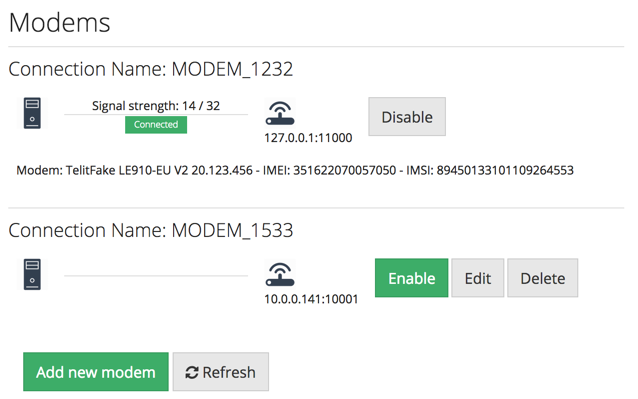 Screenshot of modem settings page