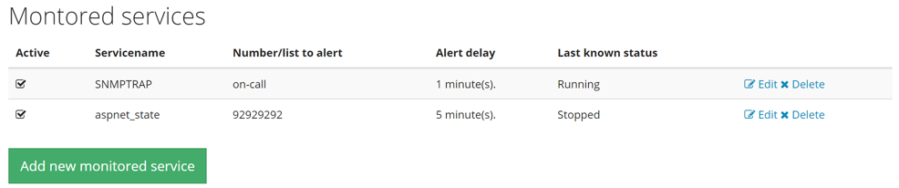 Screenshot of Monitor Services page