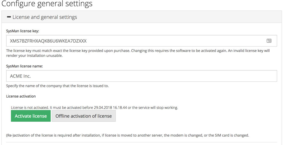 Screenshot of license and activation settings