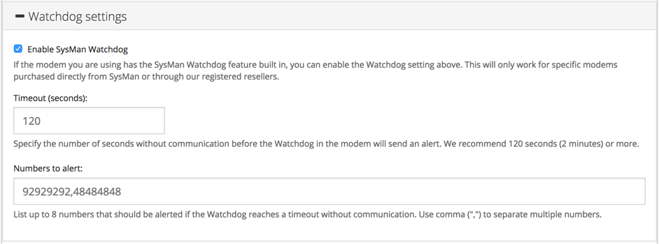 Screenshot of watchdog settings