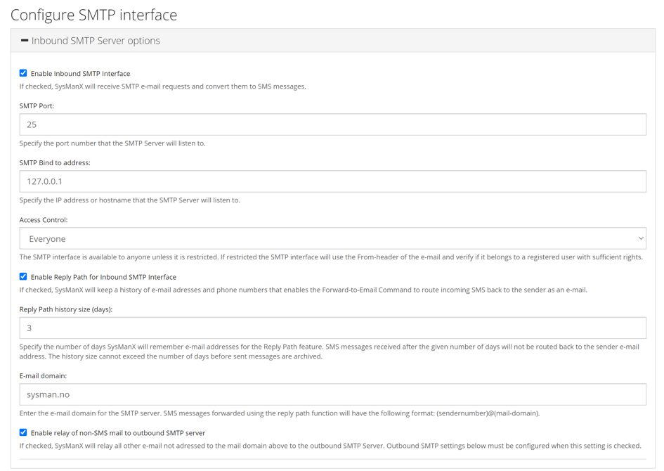 Screenshot of inbound SMTP interface settings