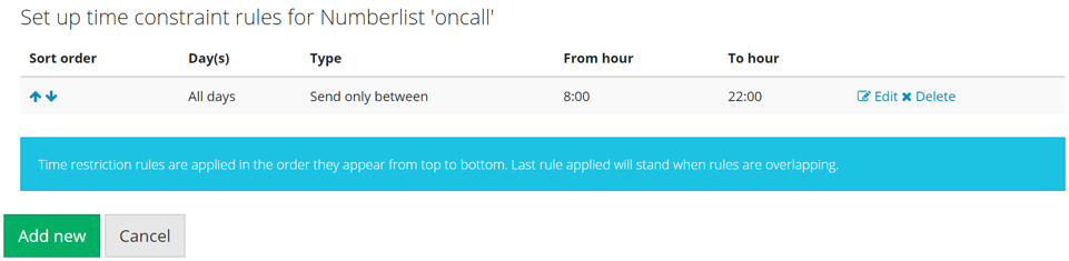 Screenshot of numberlist time restrictions page