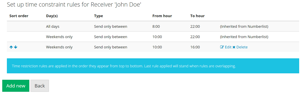 Screenshot of receiver time restrictions page